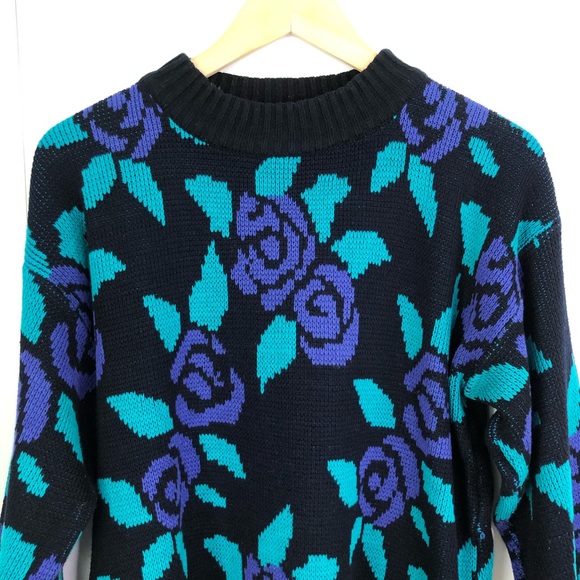 Erika Vintage Purple Rose Crew Neck Sweater Medium 90s Y2K - Picture 2 of 9
